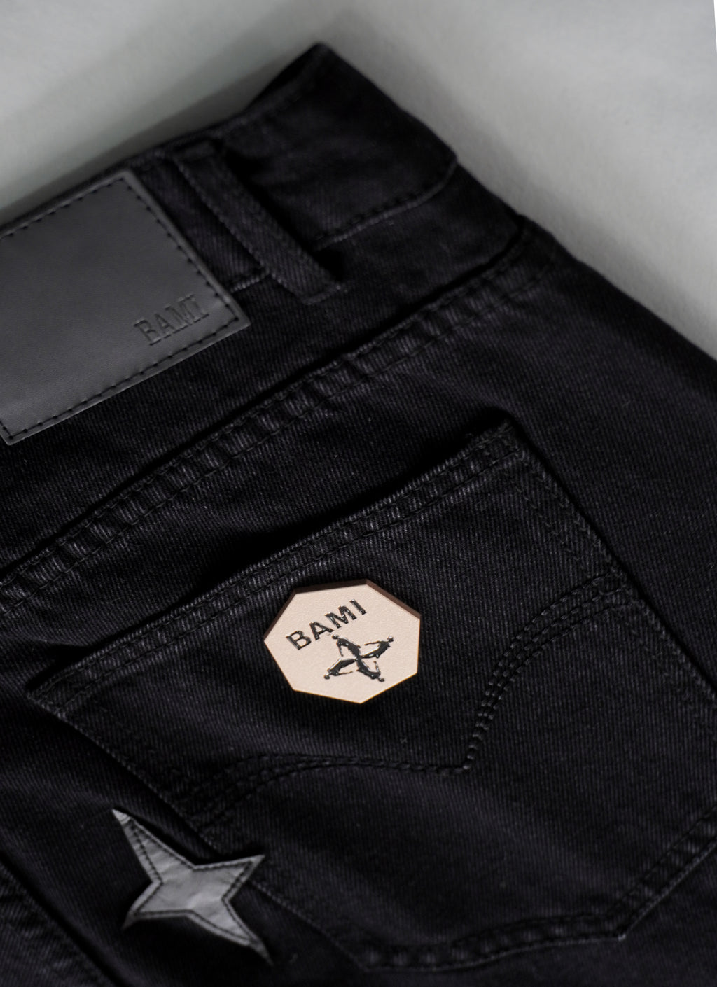 Leather Patch Jeans Black